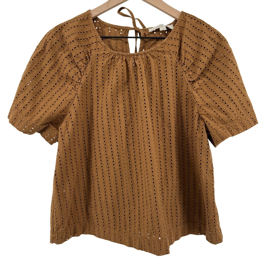 Loft Eyelet Flutter Sleeve Blouse Caramel Brown Women M 100% Cotton Tie Back